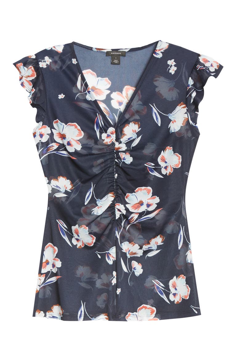 Ruched Front Mesh Top, Main, color, NAVY JESSICA FLORAL