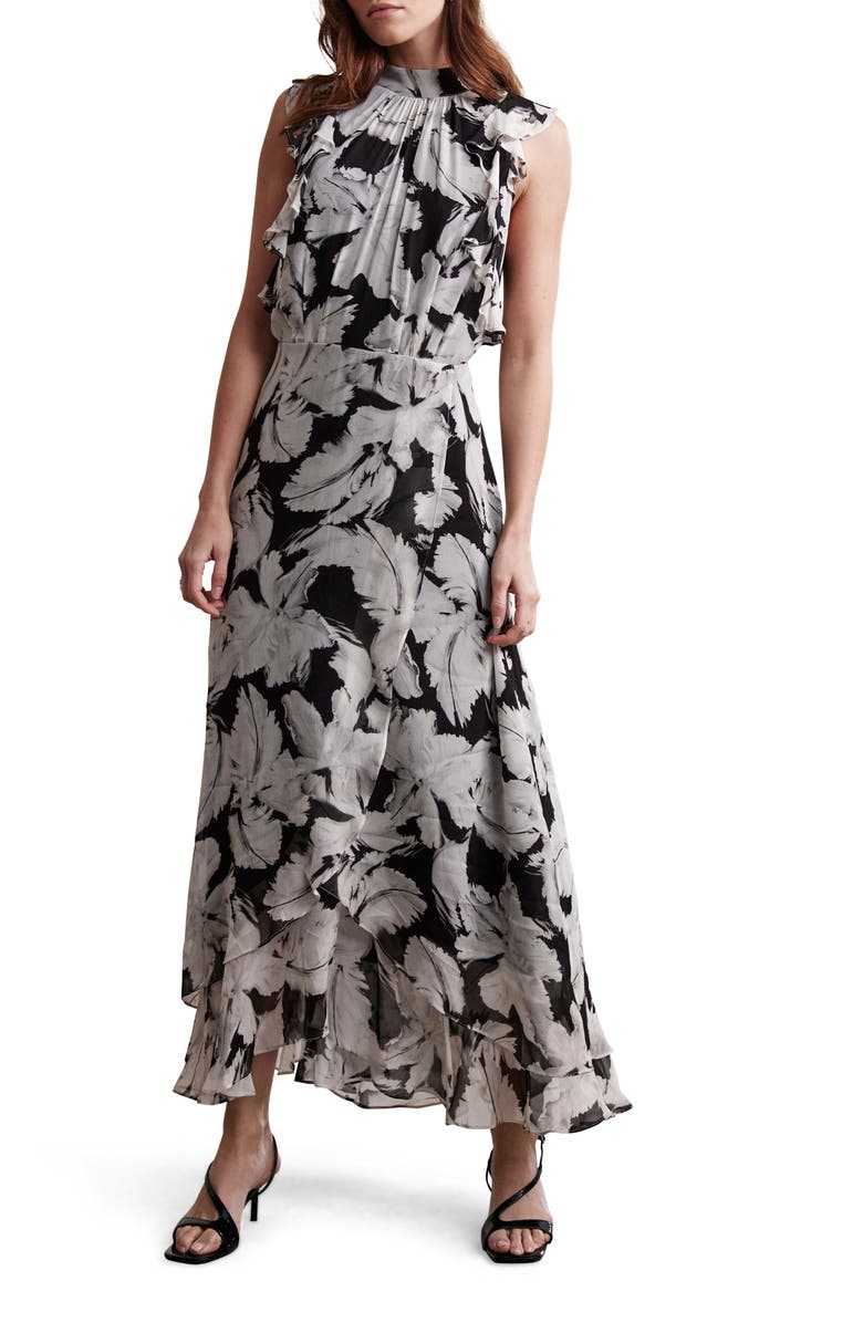 MINT VELVET Feather Print Midi Dress, Alternate, color, Black