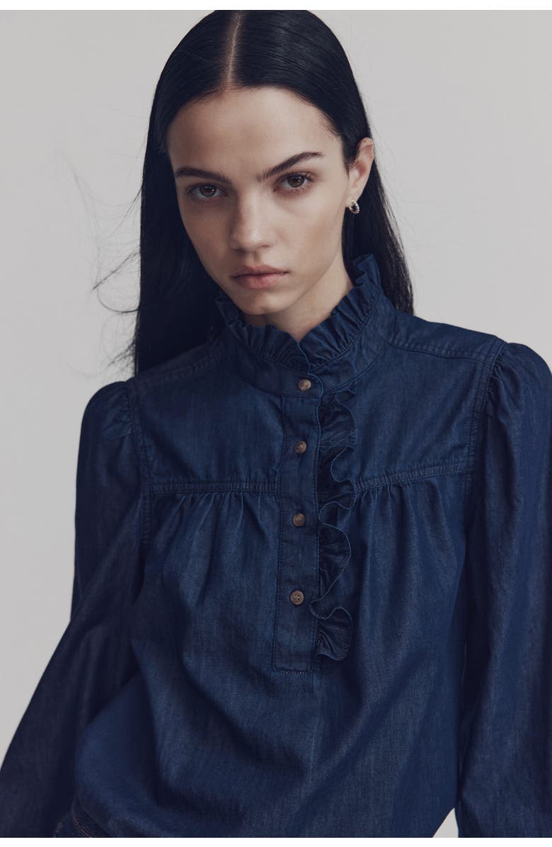 H&M Frill-collared Denim Blouse, Alternate, color, Dark Denim Blue