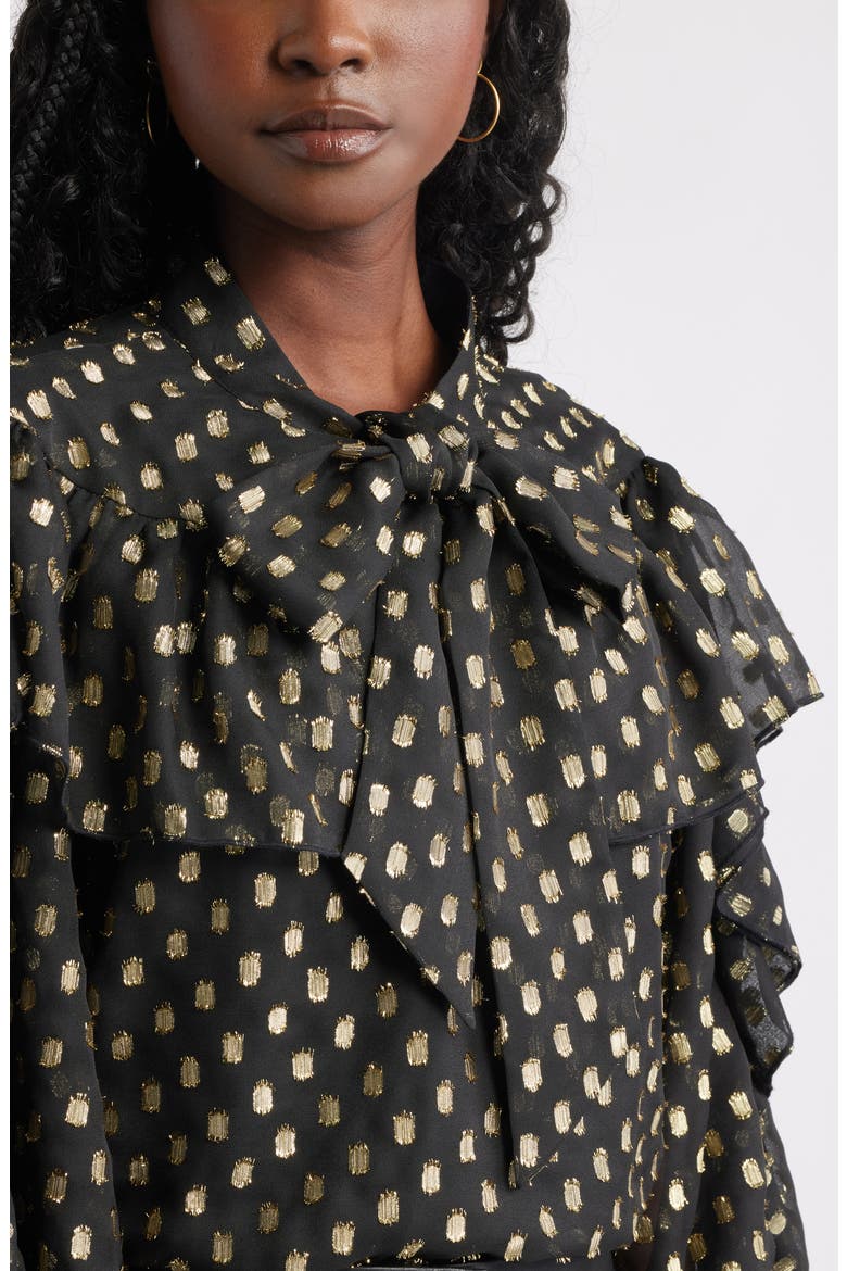 Tie Neck Metallic Chiffon Top, Alternate, color, BLACK LUREX DOT