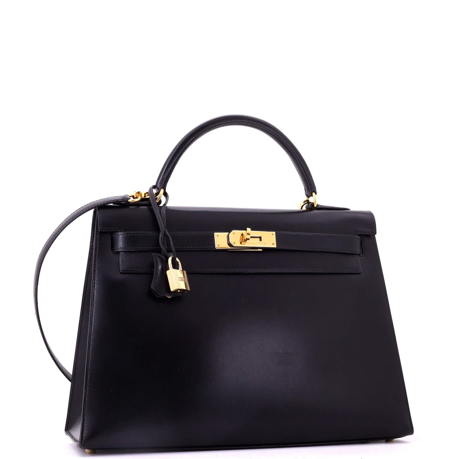 Pre-Owned Hermes Kelly Handbag Black Box Calf with Gold Hardware 32, Alternate, color, Noir