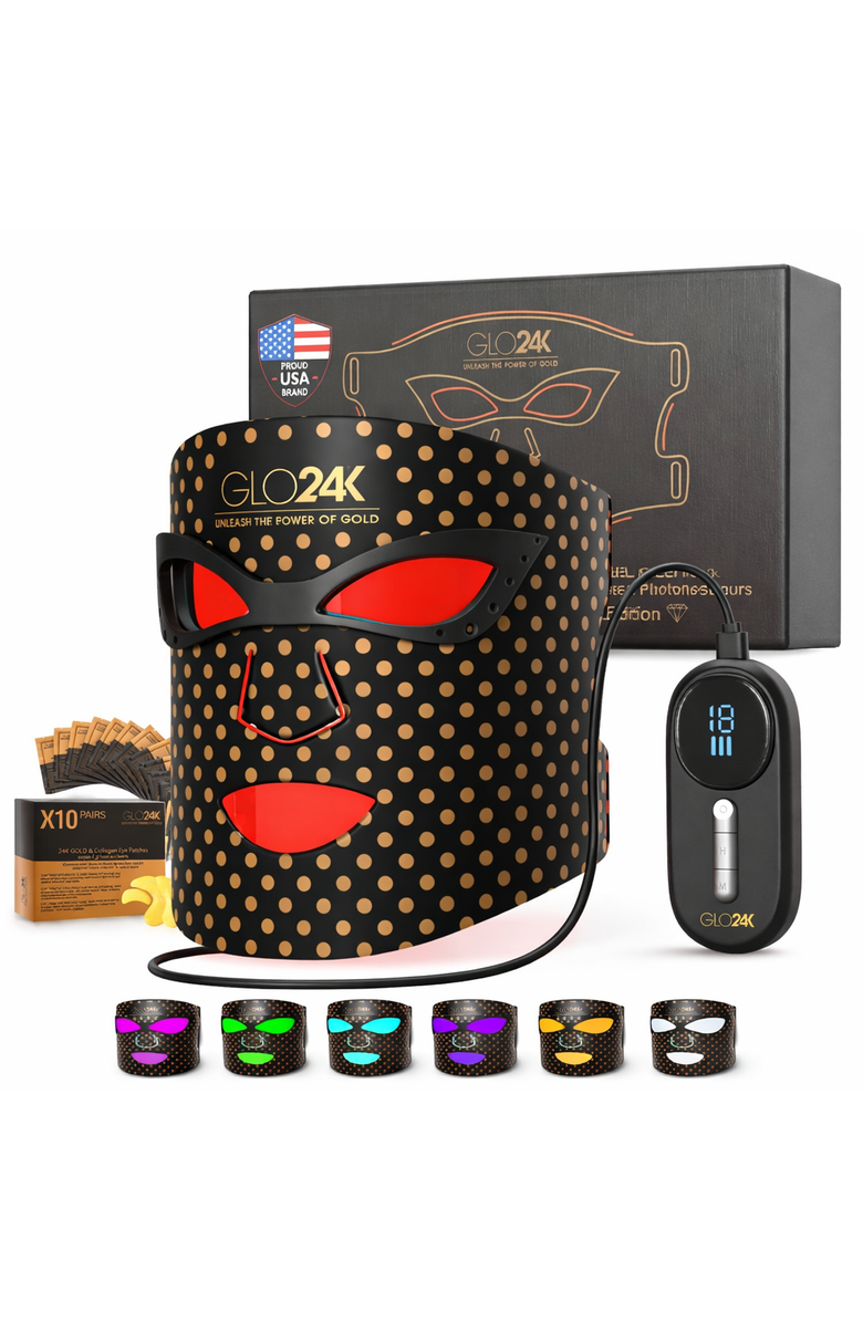 GLO24K UNLEASH THE POWER OF GOLD 7 Color LED Photon Rejuvenation Mask with Gold and Collagen Eye Patches., Main, color, Na
