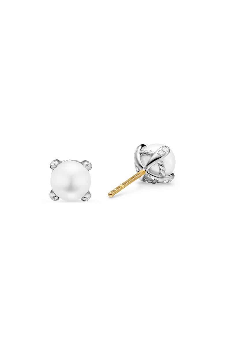 David Yurman Pearl Classics Stud Earrings in 18K Yellow Gold & Diamonds, 6.6mm, Alternate, color, Silver Pave
