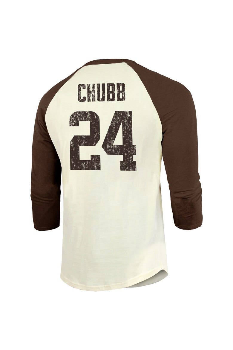 Men's Majestic Threads Nick Chubb Cream/Brown Cleveland Browns Vintage Player Name & Number 3/4-Sleeve Fitted T-Shirt, Alternate, color, Cream