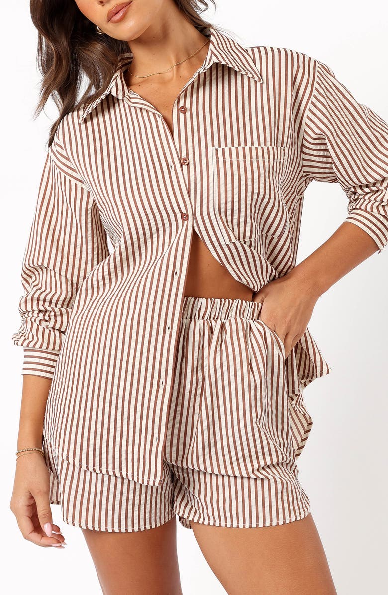 Petal & Pup Kennie Stripe Cotton Blend Seersucker Button-Up Shirt, Main, color, Brown Stripe