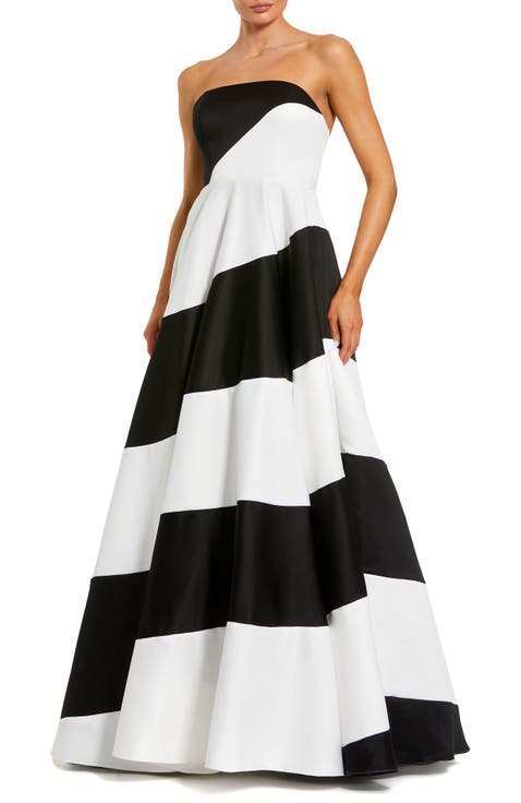 Strapless Satin Ballgown with Bold Colorblock Stripes