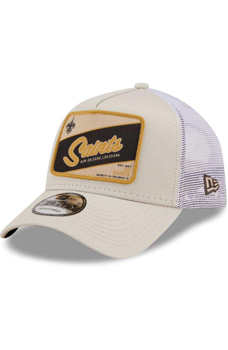 New Era Men's New Era Khaki/White New Orleans Saints Happy Camper A-Frame Trucker 9FORTY Snapback Hat, Main, color, 