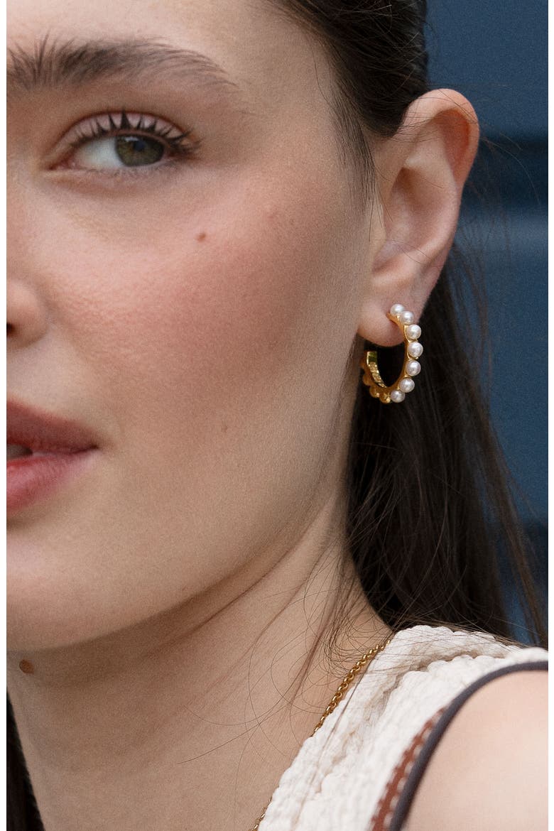 Large White Timeless Pearl Hoops, Alternate, color, Yellow Gold Vermeil