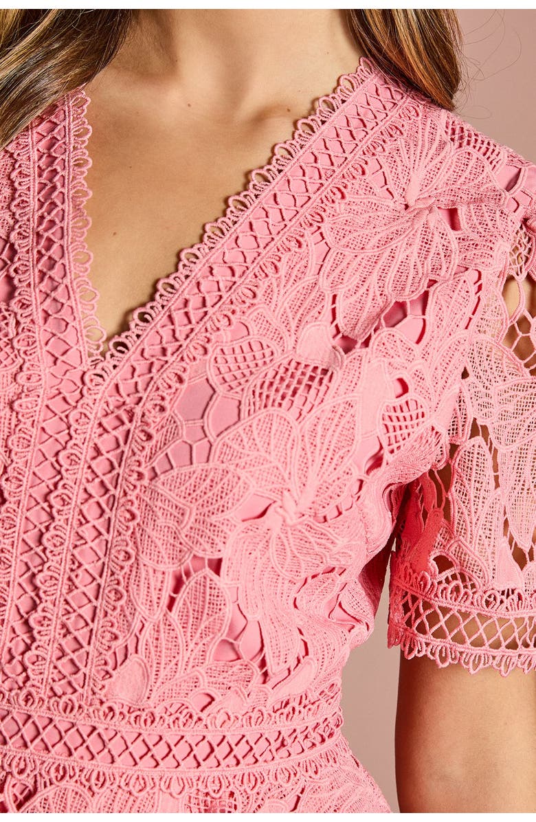 Coast V Neck Tiered Lace Midi Dress, Alternate, color, Coral