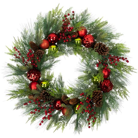 Real Touch Berries, Pinecones and Ornaments Artificial Christmas Wreath - 36" - Unlit