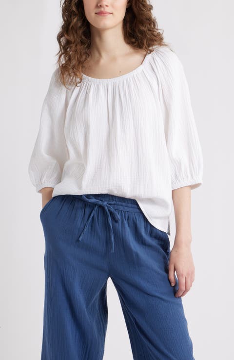Gathered Elbow Sleeve Gauze Top