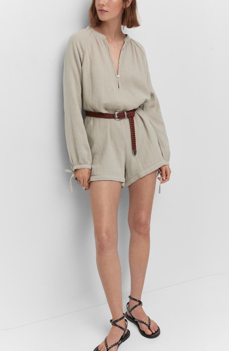 MANGO Long Sleeve Cotton Gauze Romper, Alternate, color, Light/ Pastel Grey