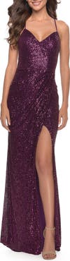 La Femme Long Sequin Prom Dress with Open Lace Up Back