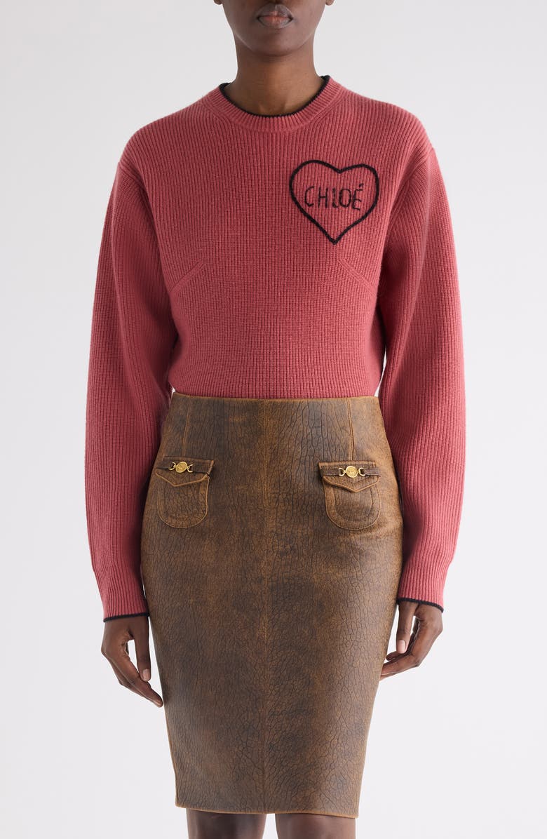 Chloé Embroidered Logo Crop Wool & Cashmere Sweater, Main, color, Coppery Pink