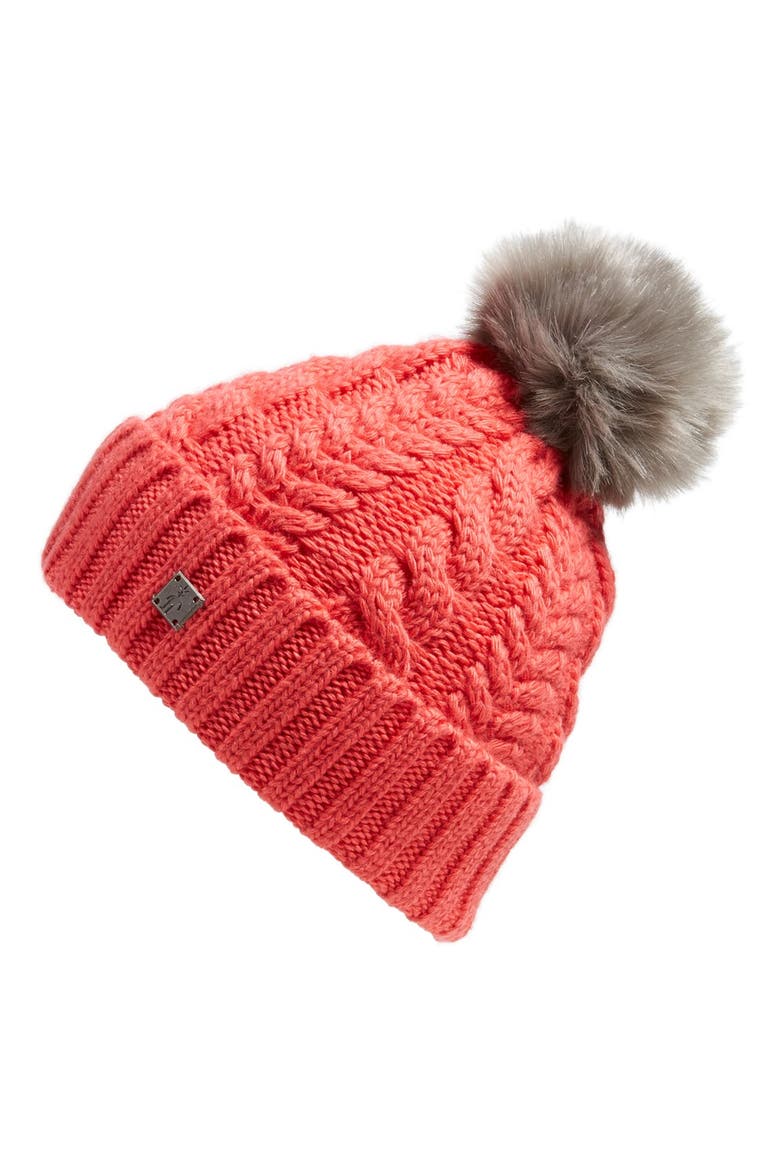 'Ski Town' Faux Fur Pompom Beanie, Main, color, HIBISCUS