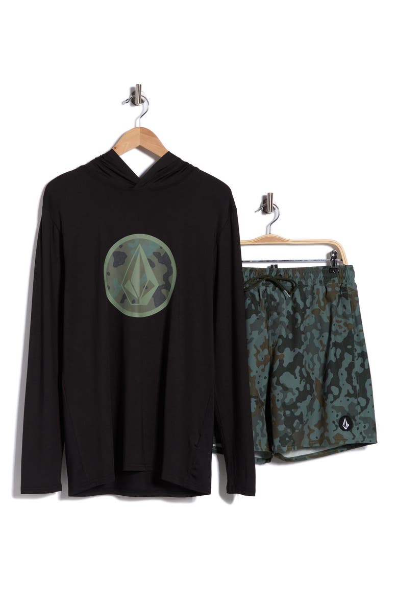Hooded Swim T-Shirt & Swim Shorts Set, Alternate, color, BLACK