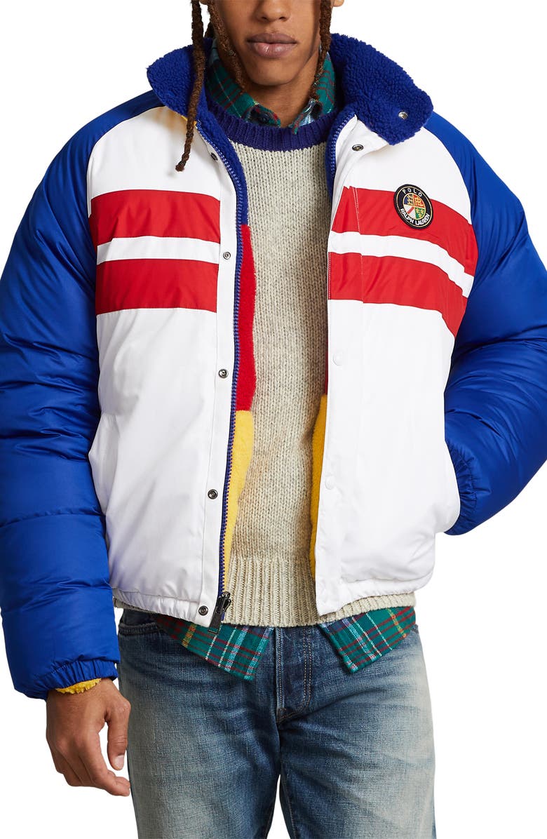 Polo Ralph Lauren Colorblock Reversible Bomber Jacket, Main, color, Cerise White Multi