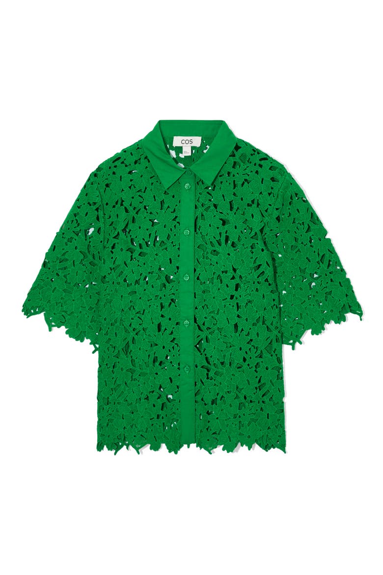 Broderie Anglaise Short Sleeve Cotton Button-Up Shirt, Main, color, GREEN