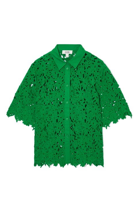 Broderie Anglaise Short Sleeve Cotton Button-Up Shirt