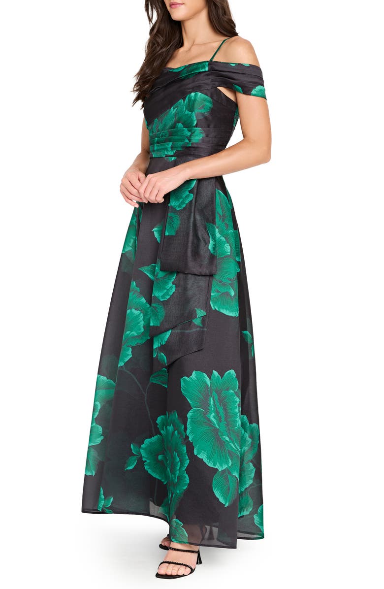 Tahari ASL Pleated Print Off the Shoulder Gown, Alternate, color, Black Green