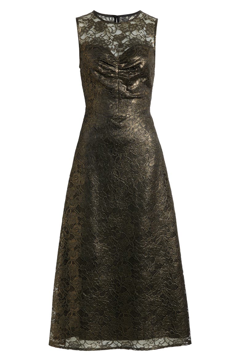 Shirred Fit & Flare Midi Dress, Alternate, color, GOLD