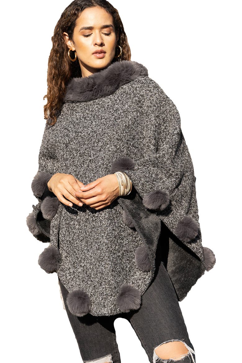 Posey Faux Fur Pompom Adorned Poncho, Alternate, color, GREY