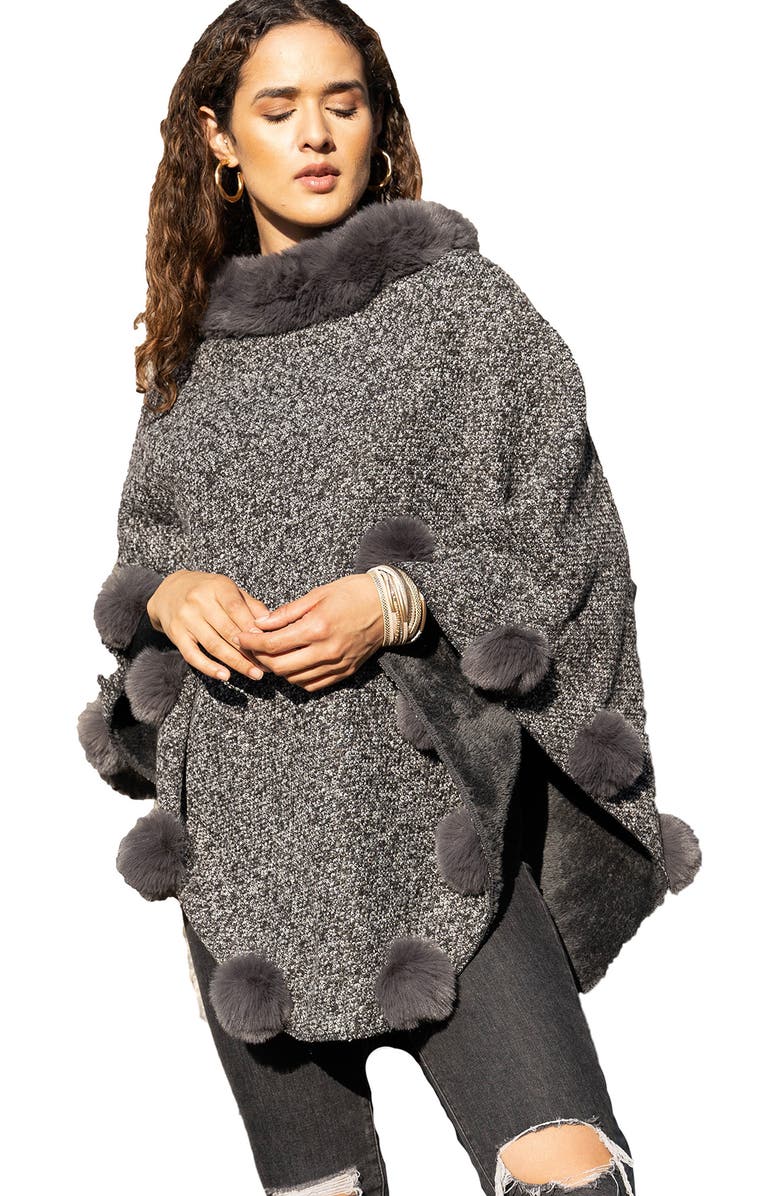 SAACHI Posey Faux Fur Pompom Adorned Poncho, Alternate, color, Grey