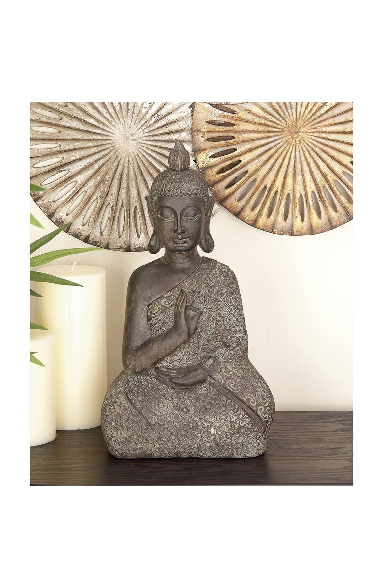 WILLOW ROW Brown Polystone Bohemian Buddha Sculpture with Engraved Carvings and Relief Detailing, Alternate, color,