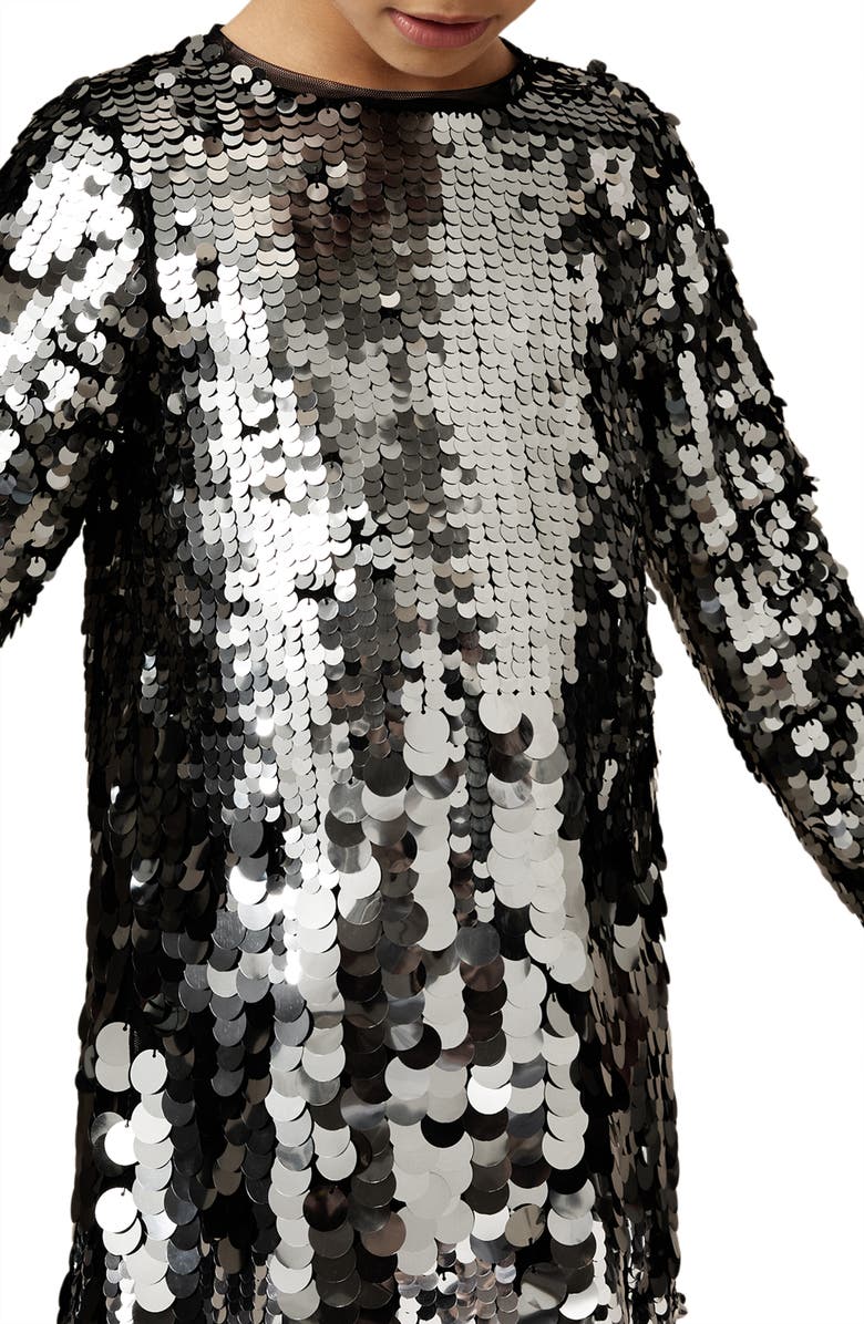 Reiss Kids' Paillette Long Sleeve Dress, Alternate, color, Silver