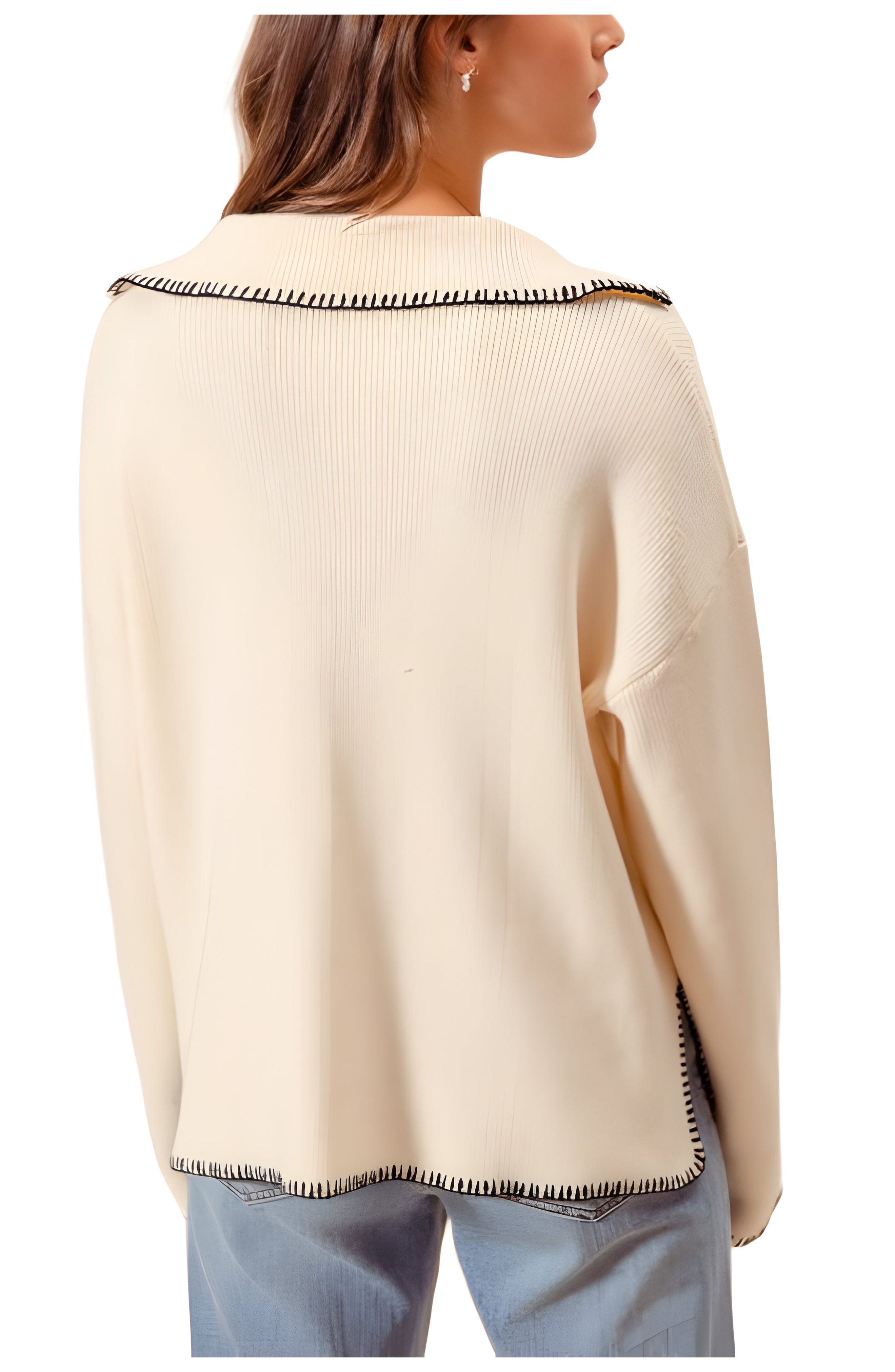 Ribbed Long Sleeve V-Neck Pullover With Contrast Trim - image 2