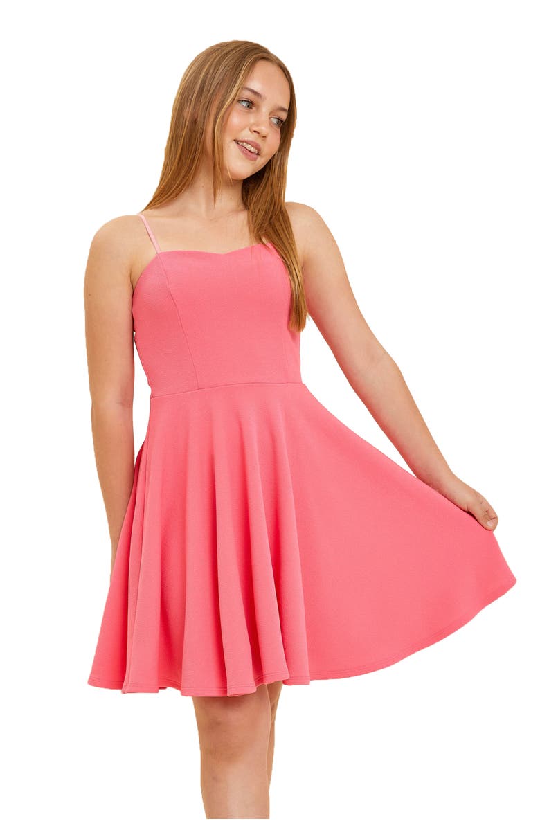 Un Deux Trois Print Textured Fit and Flare Stretch Dress in Longer Length, Main, color, Coral