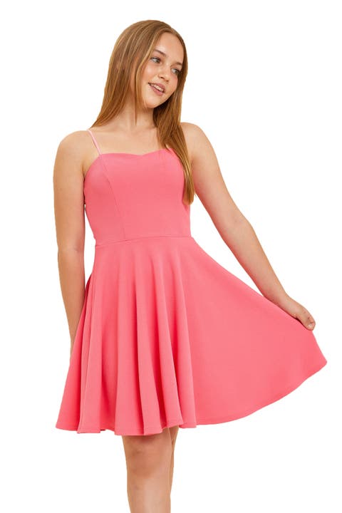 Print Textured Fit and Flare Stretch Dress in Longer Length (Big Kid)