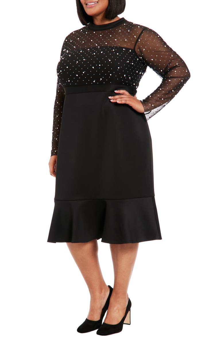 London Times Long Sleeve Faux Pearl Illusion Midi Dress, Alternate, color, Black