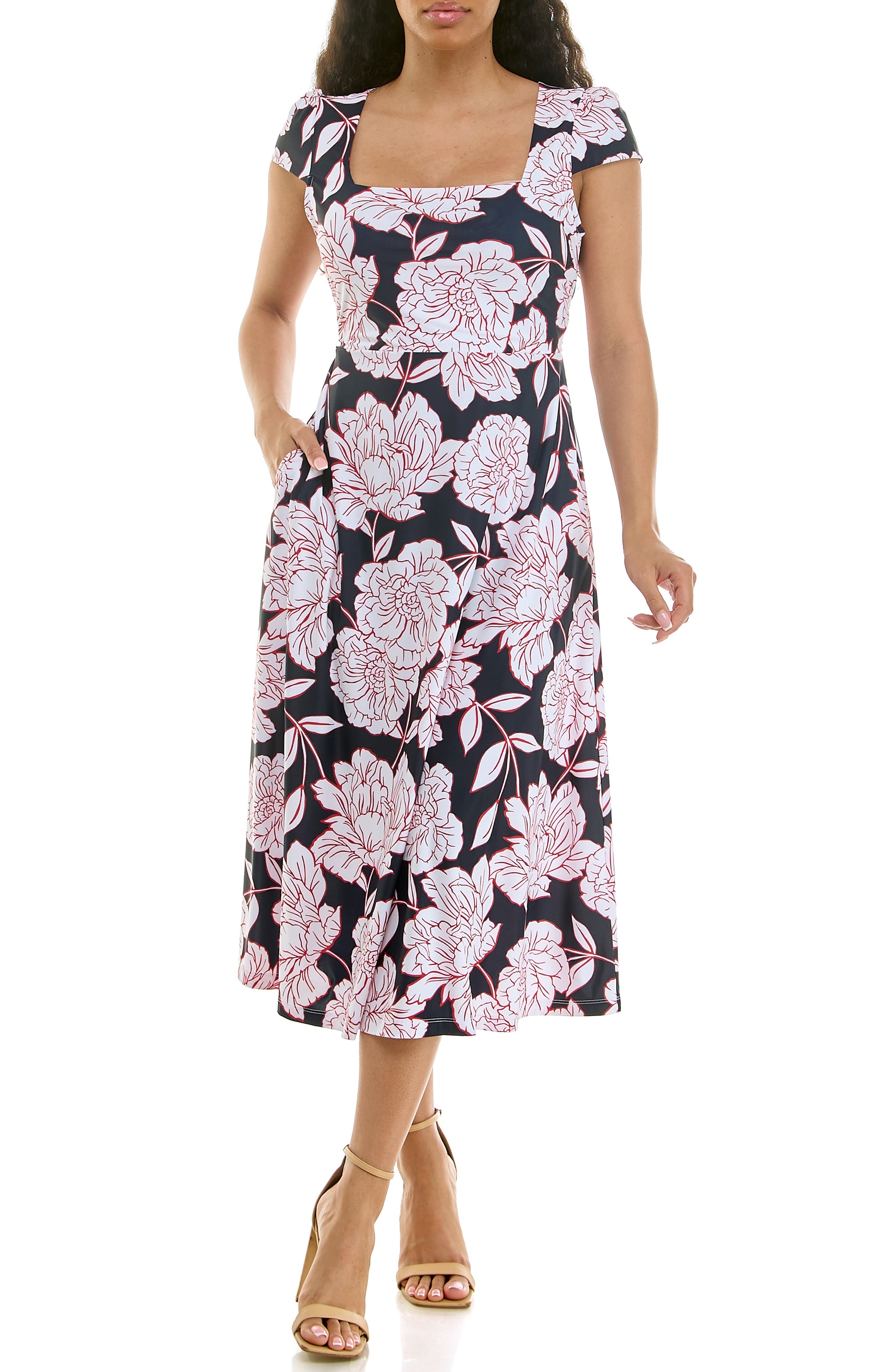 Nina Leonard Floral Cap Sleeve Fit & Flare Dress