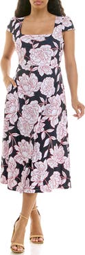 Nina Leonard Floral Cap Sleeve Fit & Flare Dress