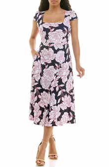 Nina Leonard Floral Cap Sleeve Fit & Flare Dress