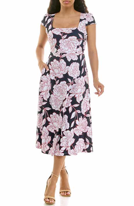 Nina Leonard Floral Cap Sleeve Fit & Flare Dress