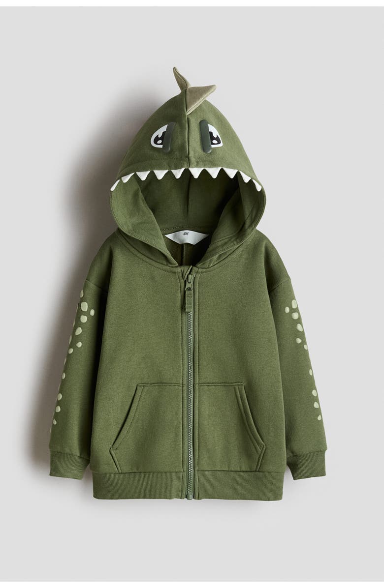 H&M Appliquéd Zip-through Hoodie, Main, color, Green/Dinosaur