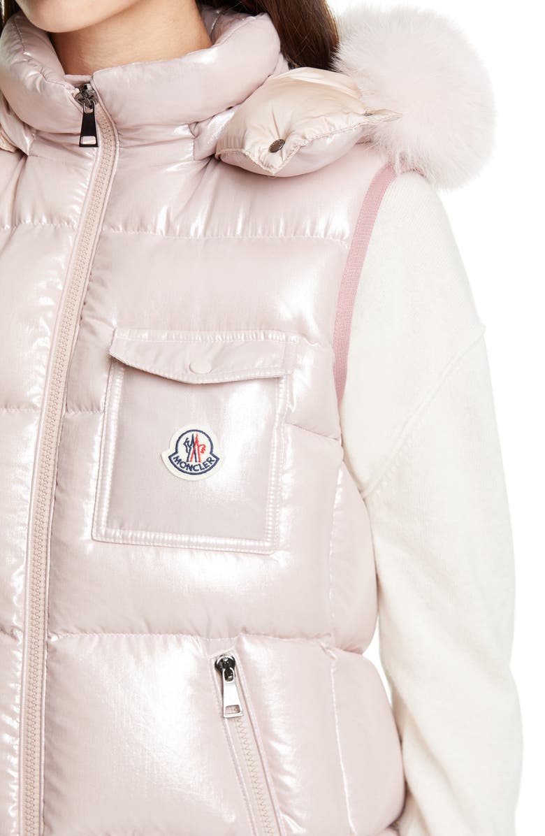 Moncler Balabio Metallic Down Puffer Hooded Vest with Removable Genuine Blue Fox Fur Trim, Alternate, color, 