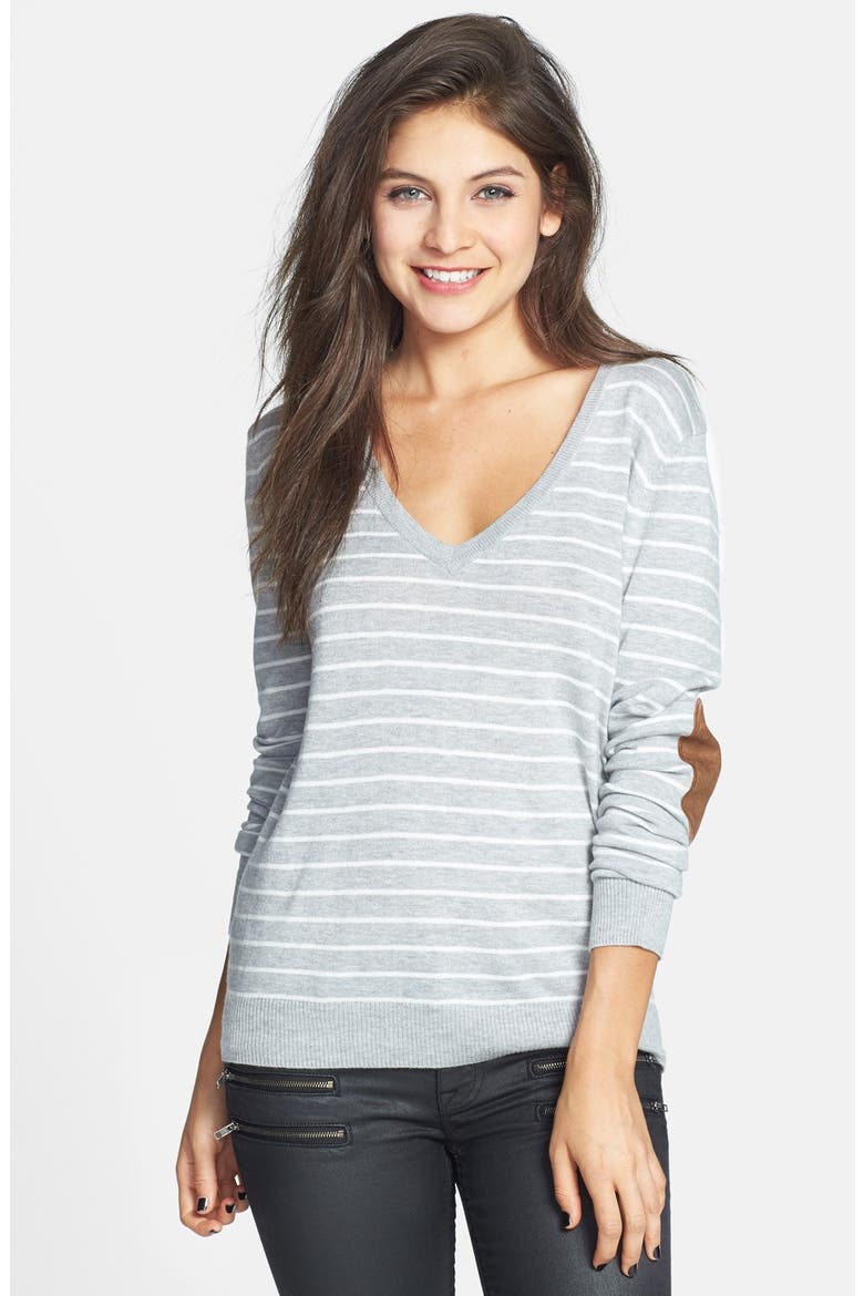 Stripe Elbow Patch V-Neck Sweater, Main, color, HEATHER GREY TAWNY STRIPE