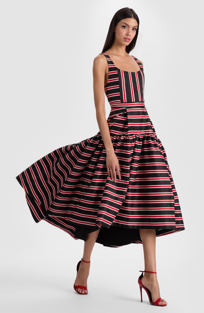 Alice + Olivia Diana Directional Stripe Structured Cotton Blend Dress, Alternate, color, Teakwood Stripe Large Black