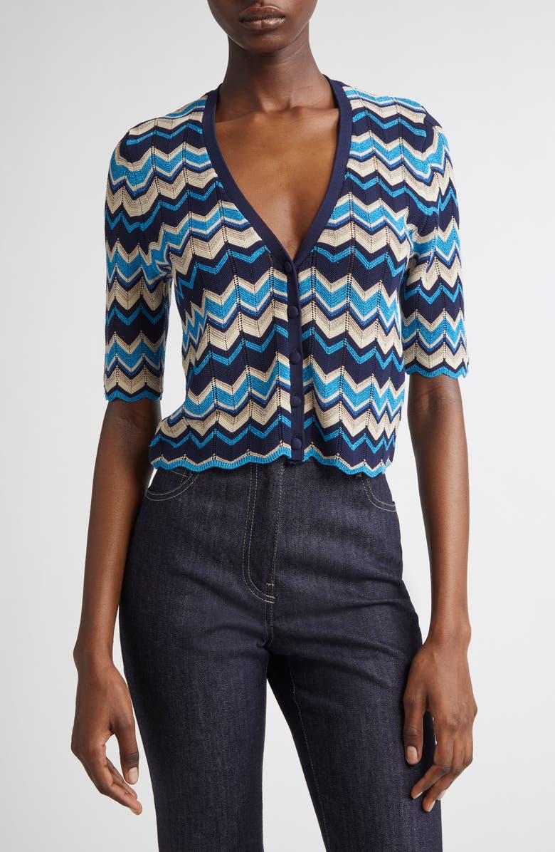Ramy Brook Alec Chevron Metallic Stripe Cotton Blend Cardigan, Main, color, Spring Navy Chevron