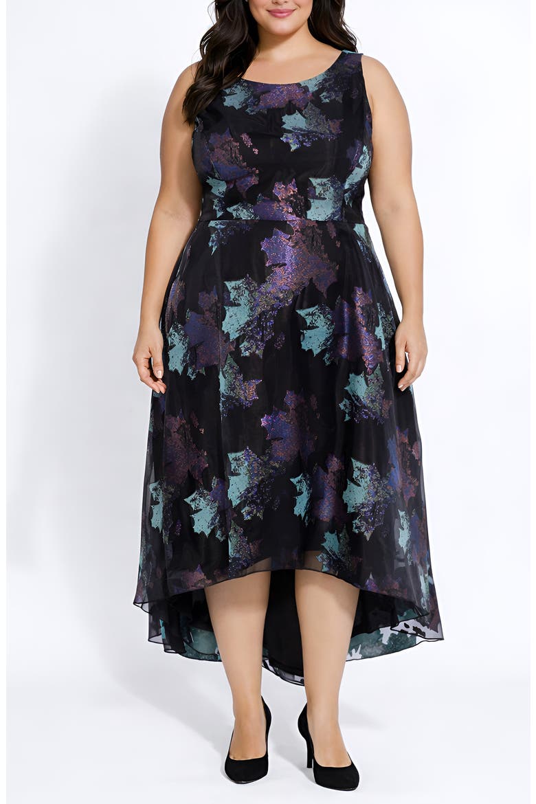 Sleeveless High Low Brocade Dress, Main, color, BLACK/ MULTI