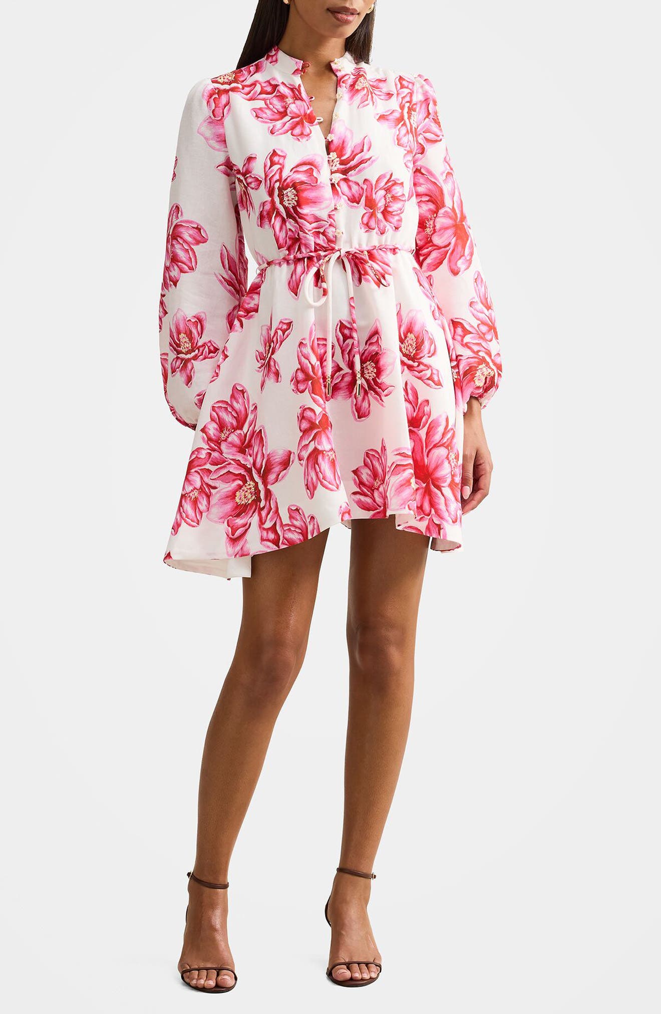 Annalise Tie Waist Long Sleeve Linen Blend Minidress