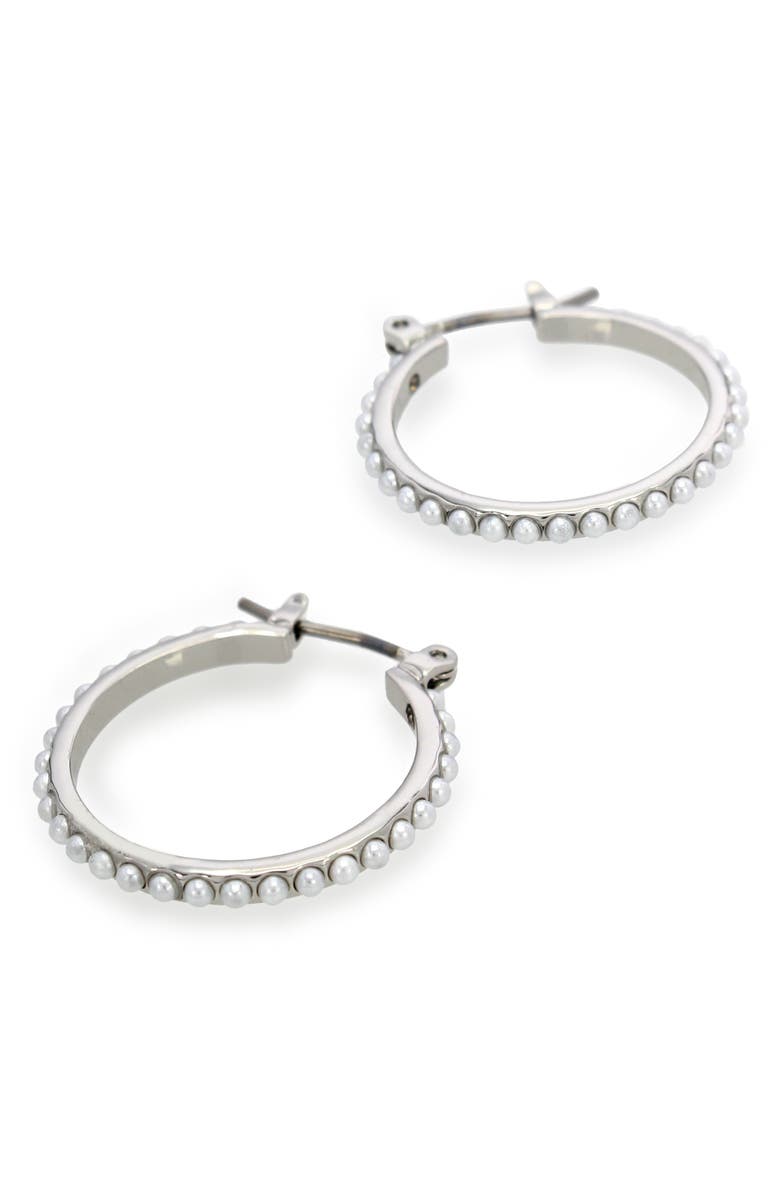 AllSaints Faux Pearl Huggie Hoop Earrings, Alternate, color, White/ Rhodium