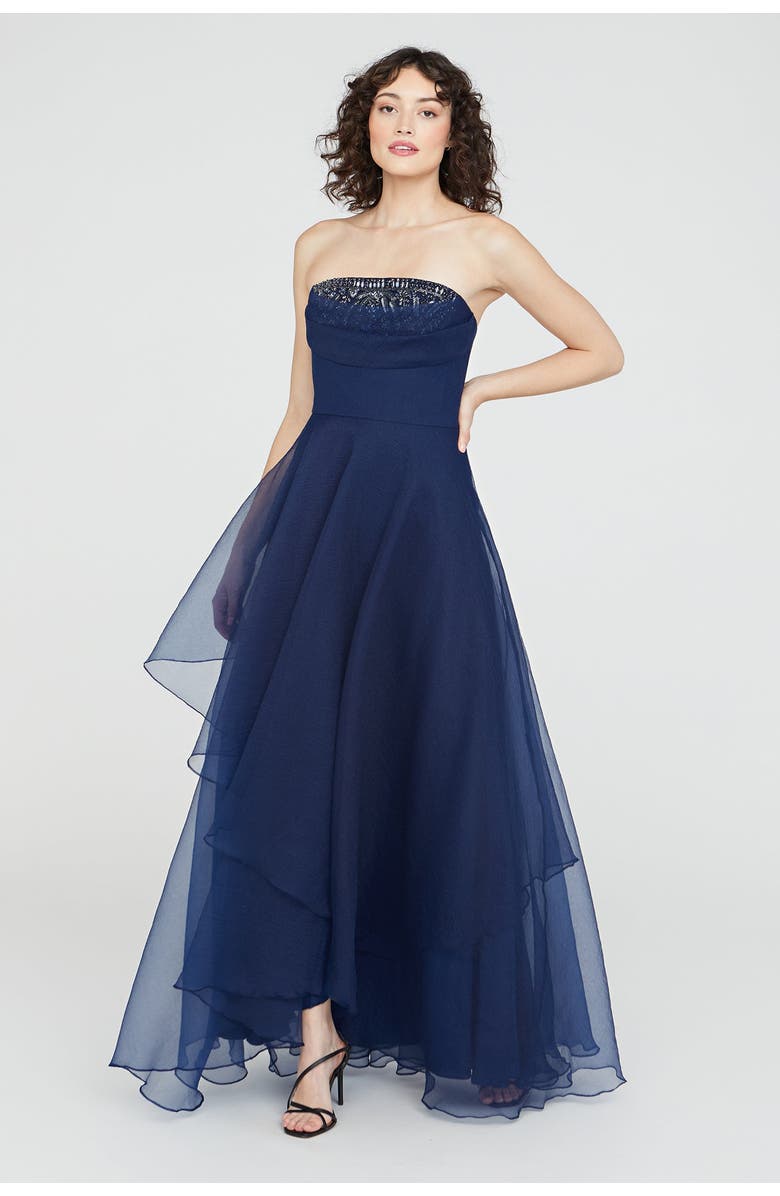 Theia Aubrey Asymmetric Organza Gown, Main, color, Navy
