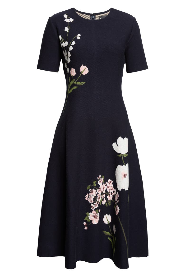 Mixed Botanical Jacquard Sweater Dress, Main, color, NAVY