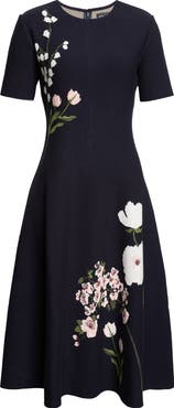 Oscar de la Renta Mixed Botanical Jacquard Sweater Dress