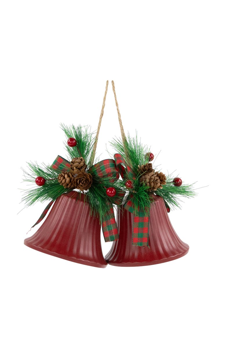 Northlight Bells with Pine Sprigs and Bow Christmas Ornaments- 7" - Red - Set of 2, Main, color, Red