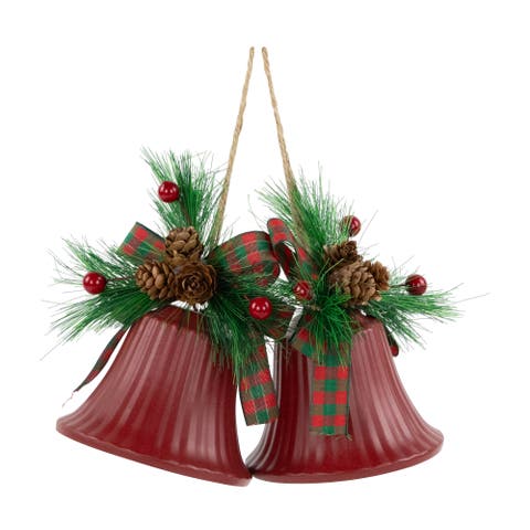 Bells with Pine Sprigs and Bow Christmas Ornaments- 7" - Red - Set of 2